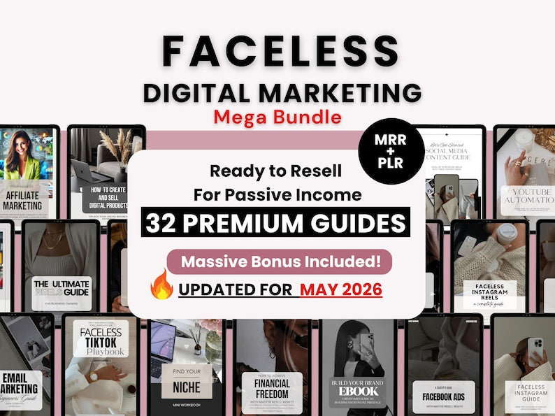 Faceless Digital Marketing Guides with PLR & Master Resell Rights | 32 Done-for-You Passive Income Ebooks to Sell on Etsy